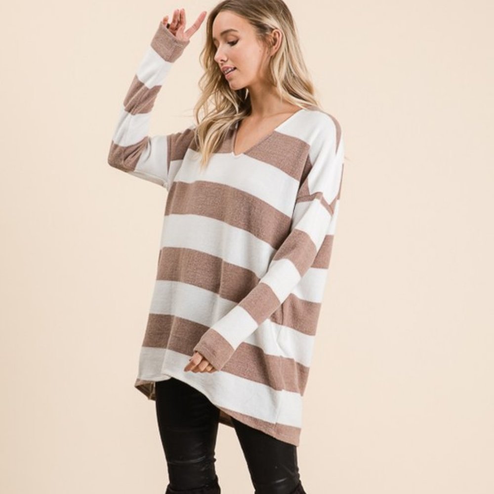 Taupe Wide Striped V-neck Tunic